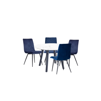 1.1m Marble Round Dining Table Set with 4 x Retro Blue Velvet Chairs