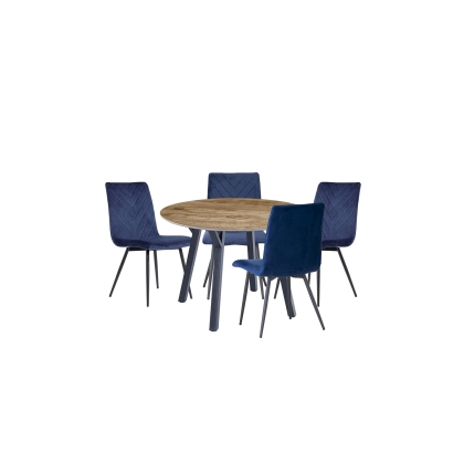 1.1m Oak Finish Round Dining Table Set with 4 x Retro Blue Velvet Chairs