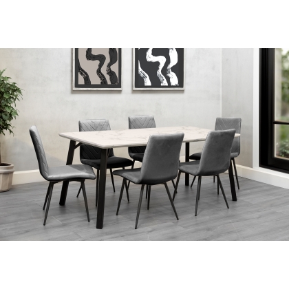 1.8m Marble Dining Table Set with 6 x Retro Grey Velvet Chairs