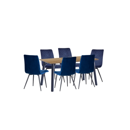 1.8m Oak Finish Dining Table Set with 6 x Retro Blue Velvet Chairs