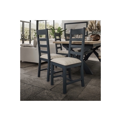 Smoked Painted Blue Oak Slatted Dining Chair Natural Check
