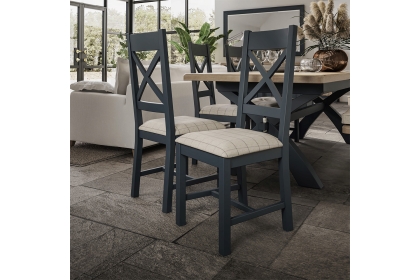 Smoked Painted Blue Oak Cross Back Dining Chair Natural Check