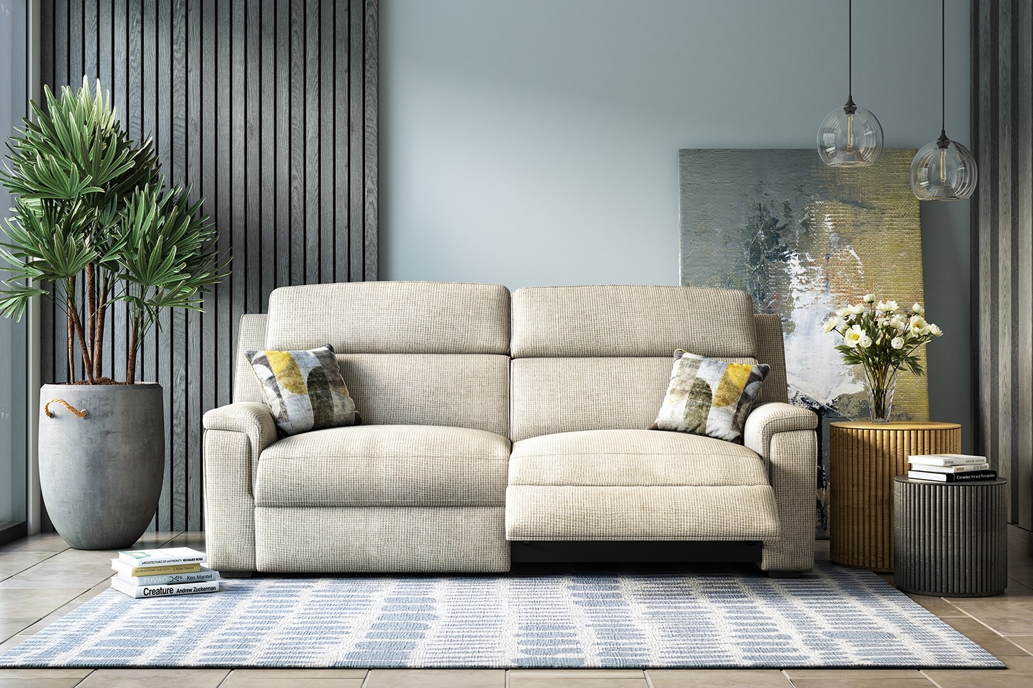 Luton Modern 2 Seater Recliner Sofa Displayed in Cream Furniture World