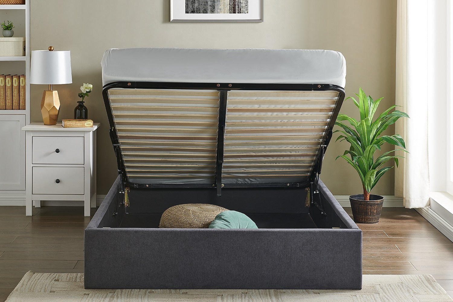Rosalie Fabric Ottoman Storage Bed Frame in Dark Grey Furniture World