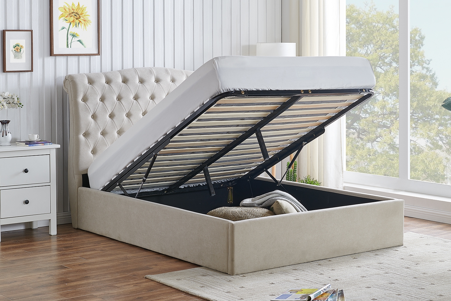 Riley upholstered ottoman bed cheap frame