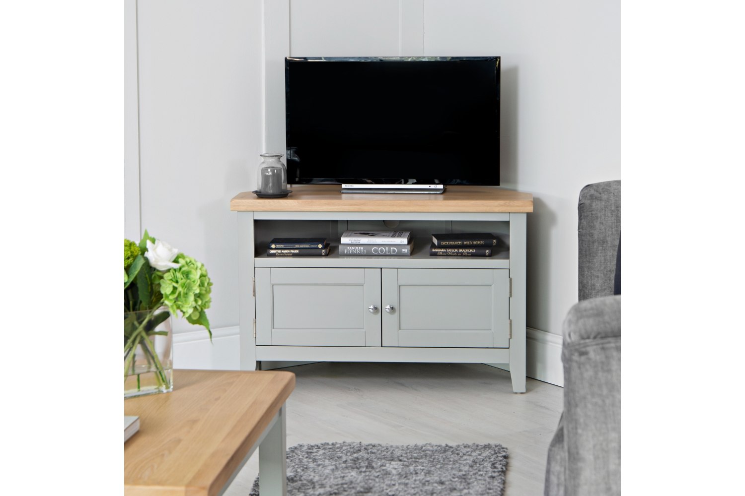 Eton Painted Grey Oak Corner TV Unit Furniture World