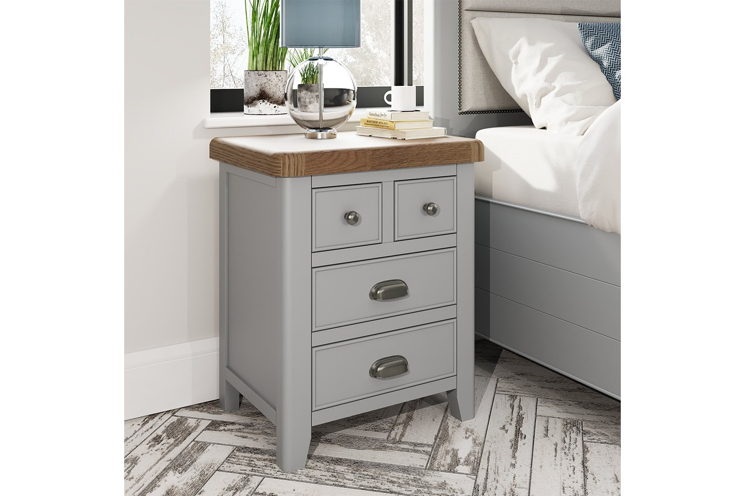 Smoked Oak Painted Grey Extra Large Bedside Table Furniture World