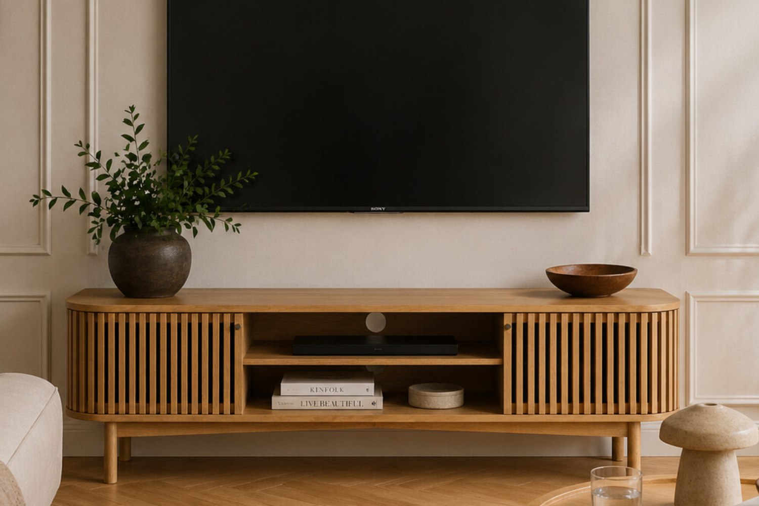 Soho Natural Oak Slatted Large TV Unit - Shorwell | Furniture World