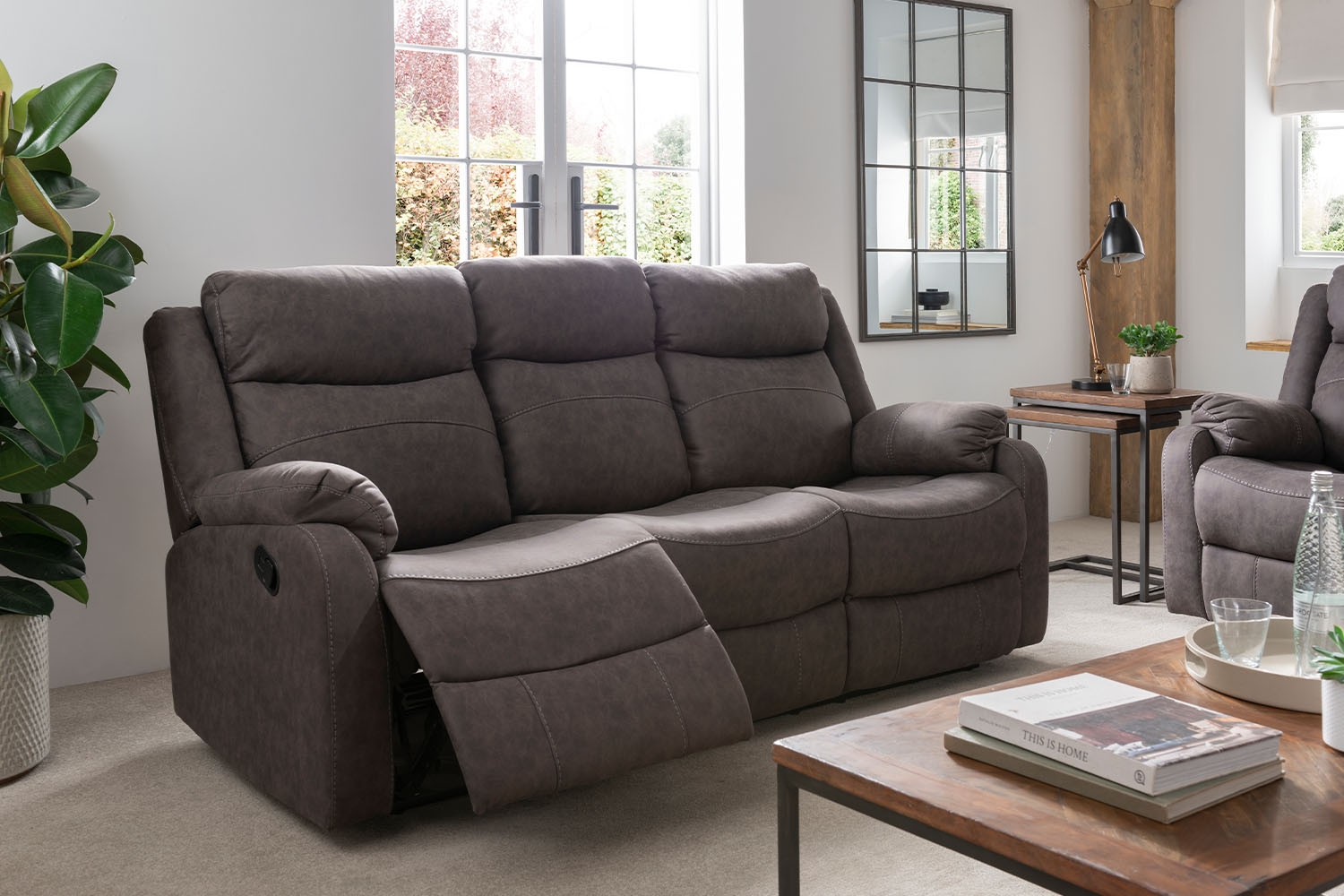 Ellena Grey 3 Seater Recliner Sofa with Table - Furniture World