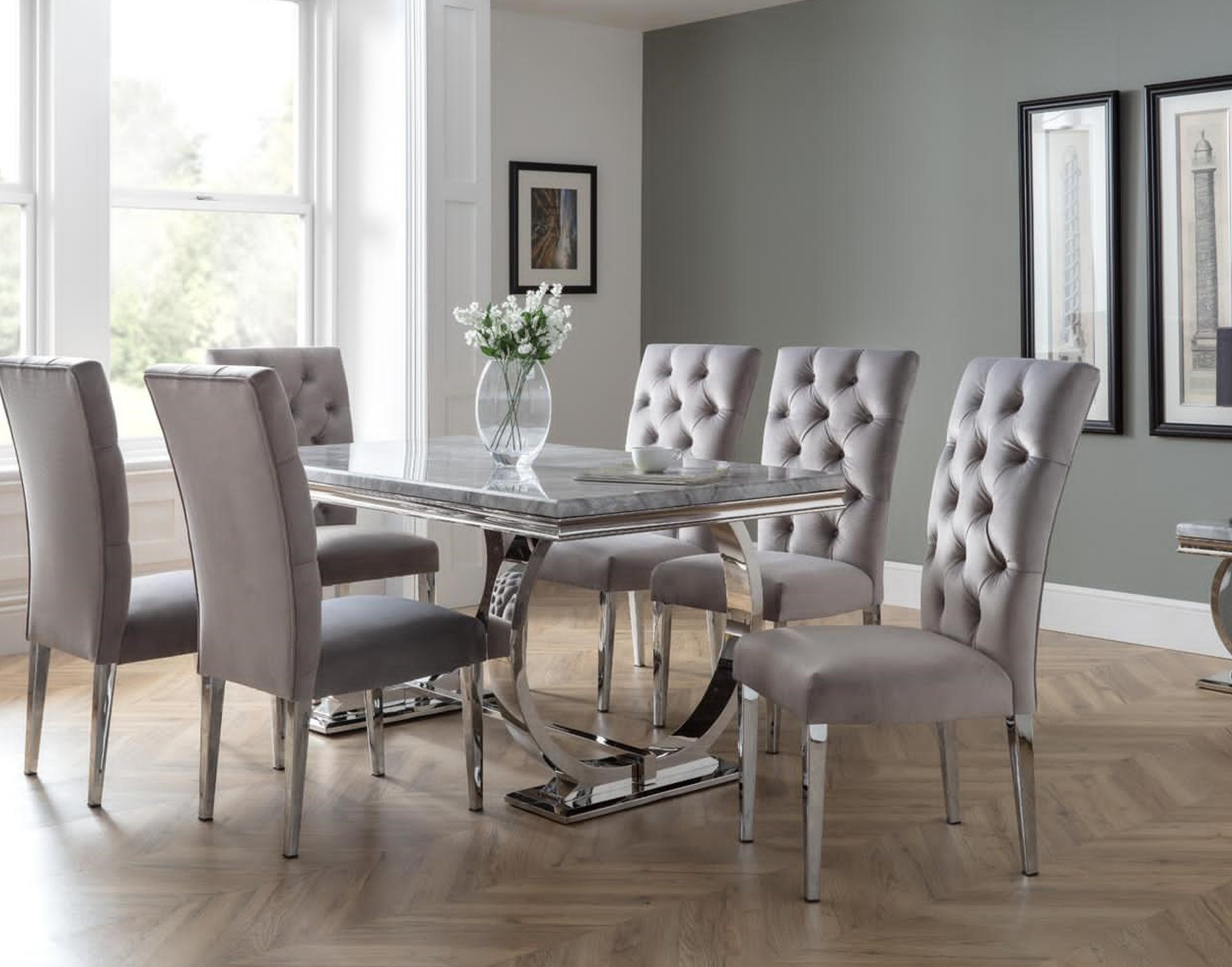 Arundel Marble Dining Table Set & 6 Chairs - Furniture World