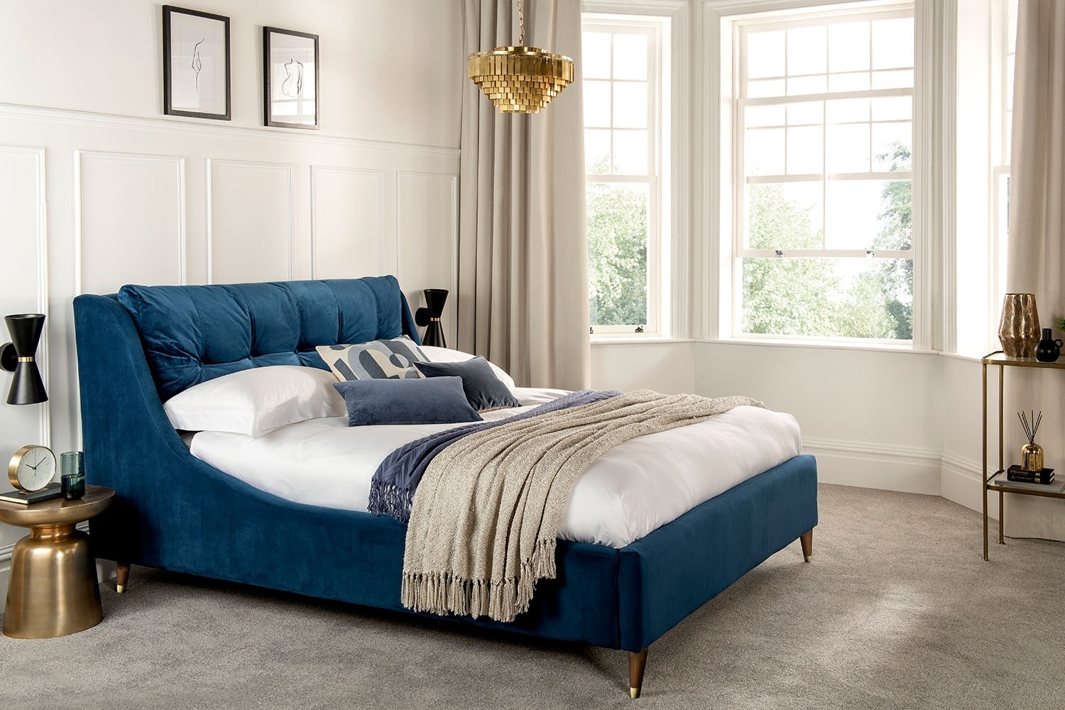 Ralph Blue Velvet Bed Frame with Cushion Headboard Furniture World