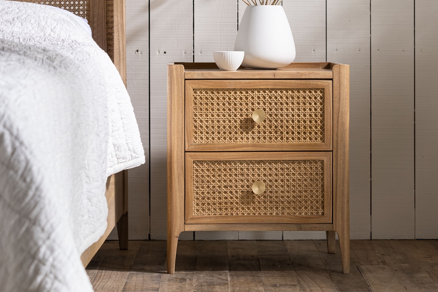 Java Oak and Rattan 2 Drawer Bedside Table Furniture World