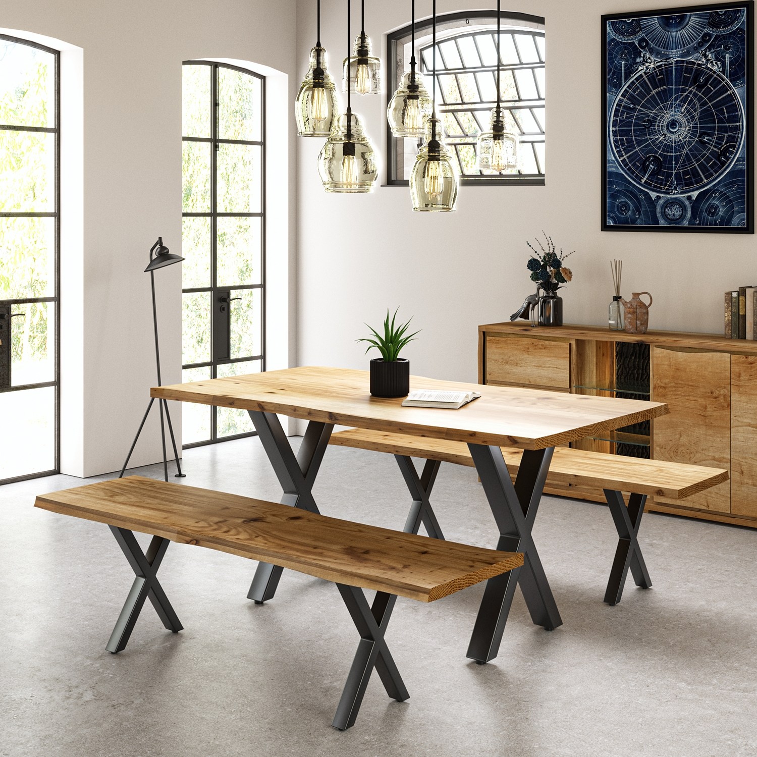 Live Edge Reclaimed Wood 1.6m Dining Table with X Shaped Legs in