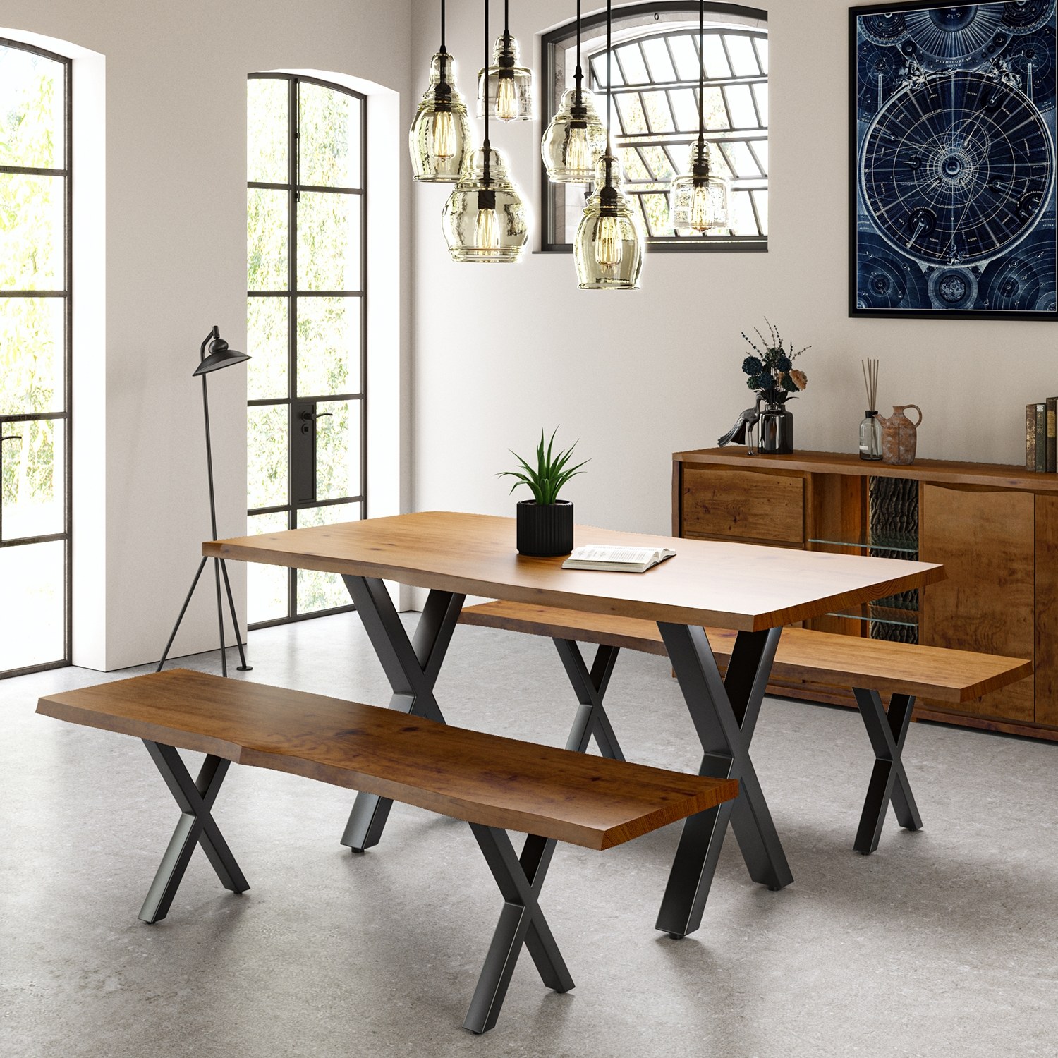 Live Edge Reclaimed Wood 1.6m Dining Table with X Shaped Legs in Russet