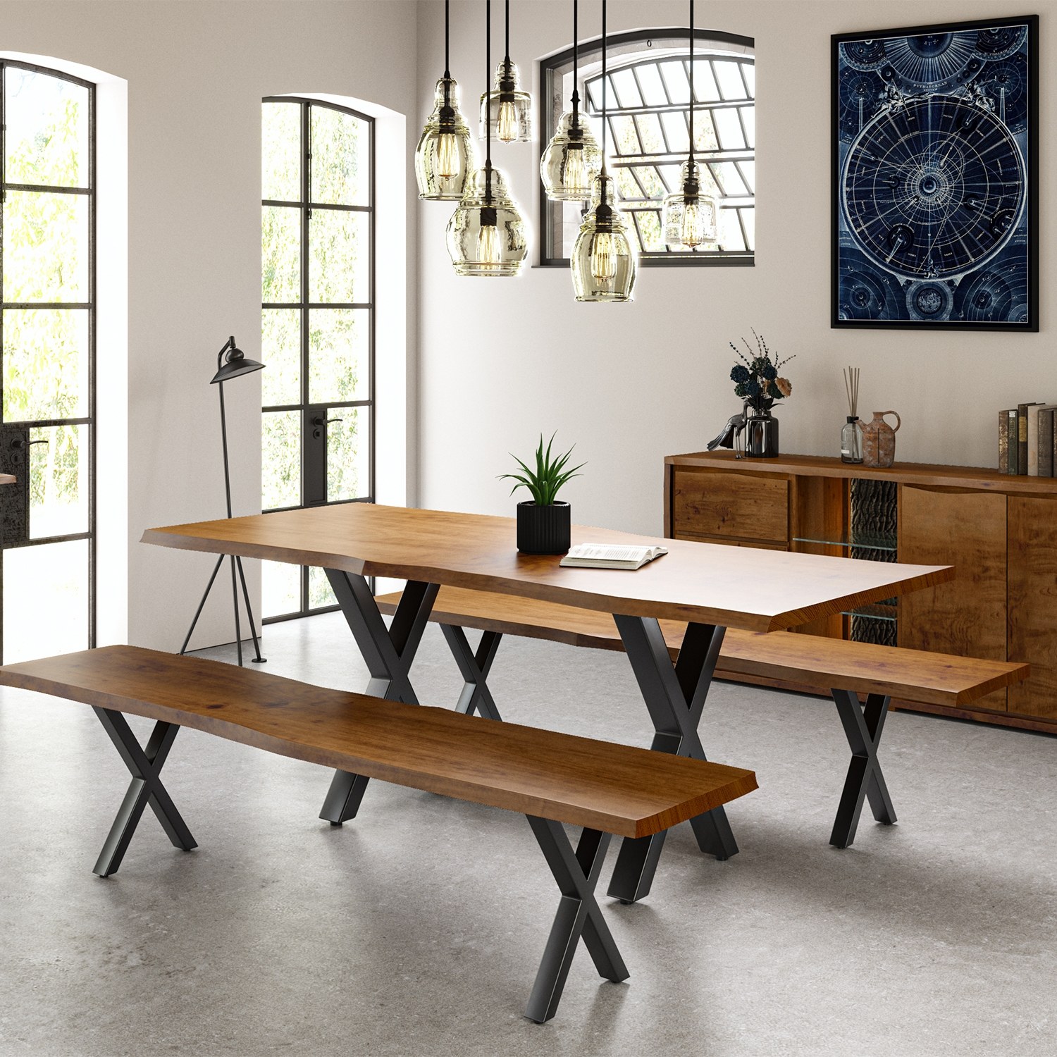 Live Edge Reclaimed Wood 2m Dining Table with X Shaped Legs in Russet