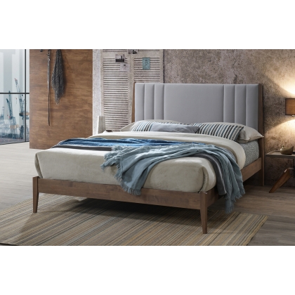 Landywood Dark Wood Bed Frame with Light Grey Velvet Headboard