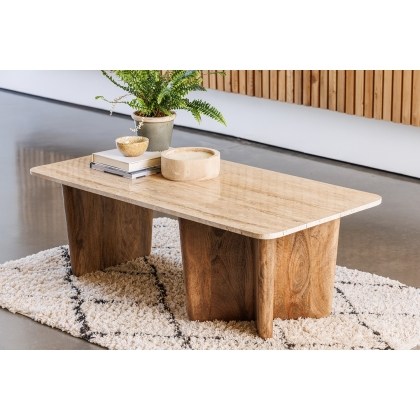 Eden Mango Wood Coffee Table with Travertine Tops