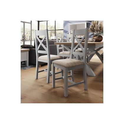 Smoked Oak Painted Grey Crossback Dining Chair with Fabric Check Natural Seat