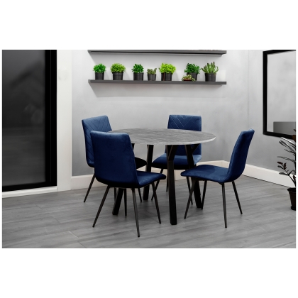 1.1m Concrete Round Dining Table Set with 4 x Retro Blue Velvet Chairs