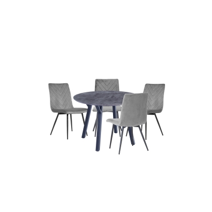 1.1m Concrete Round Dining Table Set with 4 x Retro Grey Velvet Chairs