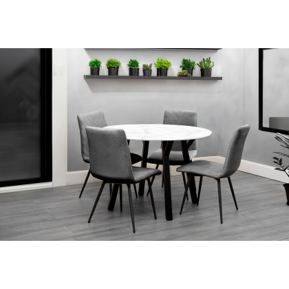 1.1m Marble Round Dining Table Set with 4 x Retro Grey Velvet Chairs