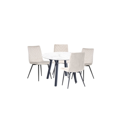 1.1m Marble Round Dining Table Set with 4 x Retro Taupe Velvet Chairs