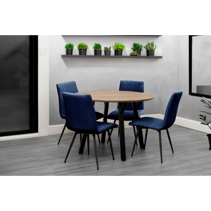 1.1m Oak Finish Round Dining Table Set with 4 x Retro Blue Velvet Chairs