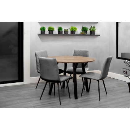 1.1m Oak Finish Round Dining Table Set with 4 x Retro Grey Velvet Chairs