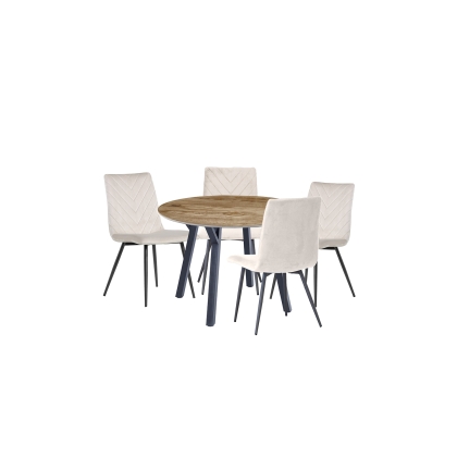 1.1m Oak Finish Round Dining Table Set with 4 x Retro Taupe Velvet Chairs