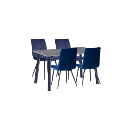 1.2m Concrete Dining Table Set with 4 x Retro Blue Velvet Chairs