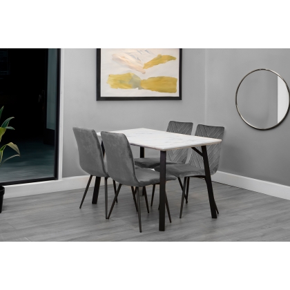 1.2m Marble Dining Table Set with 4 x Retro Grey Velvet Chairs