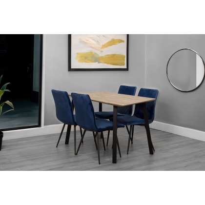 1.2m Oak Finish Dining Table Set with 4 x Retro Blue Velvet Chairs