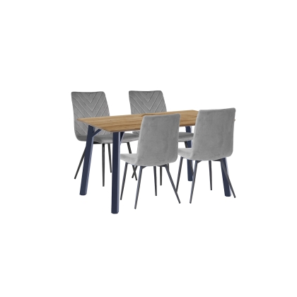 1.2m Oak Finish Dining Table Set with 4 x Retro Grey Velvet Chairs