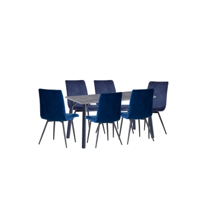 1.8m Concrete Dining Table Set with 6 x Retro Blue Velvet Chairs