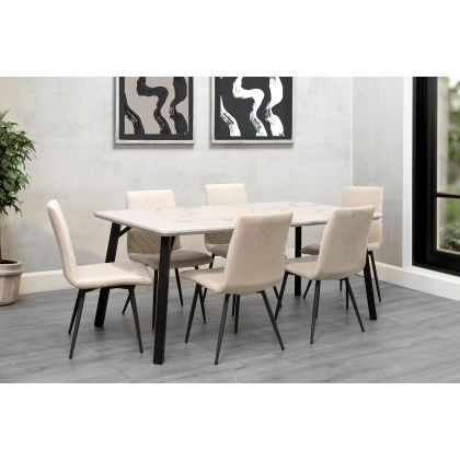 1.8m Marble Dining Table Set with 6 x Retro Taupe Velvet Chairs
