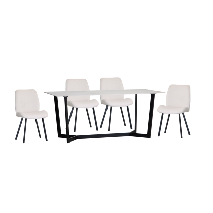 1.8m White Sintered Stone Dining Table Set with 4 x Limestone Velvet Chairs
