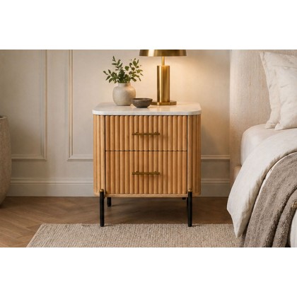 Reed Mango Wood & Marble 2 Drawer Bedside Table