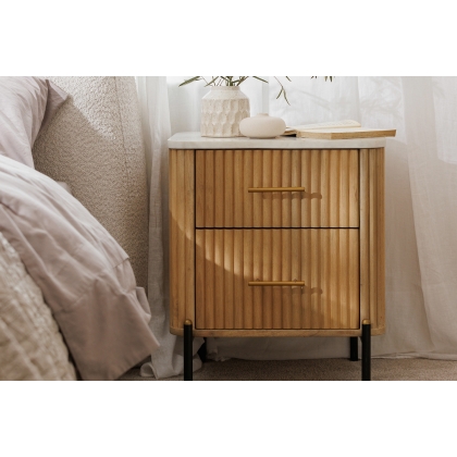 Rufus Reeded Mango Wood & Marble 2 Drawer Bedside Table