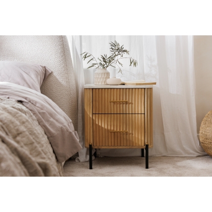 Rufus Reeded Mango Wood & Marble 2 Drawer Bedside Table