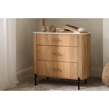 Rufus Reeded Mango Wood & Marble 3 Drawer Chest of Drawers