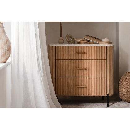 Rufus Reeded Mango Wood & Marble 3 Drawer Chest of Drawers