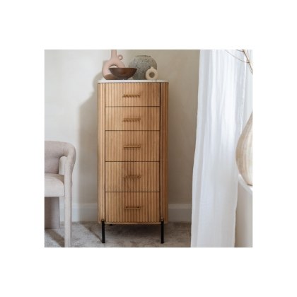 Reed Mango Wood & Marble 5 Drawer Tall Chest of Drawers