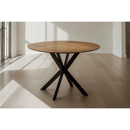 Sadie Industrial 110cm Round Dining Table in Oak Finish Sadie Industrial 110cm Round Dining Table in Oak Finish
