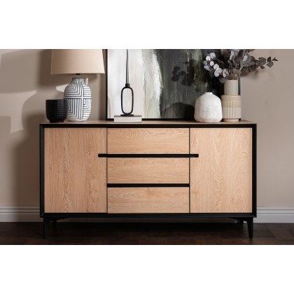 Jaxon Wide Sideboard with HPL Oak Finish & Black Metal Frame Jaxon Wide Sideboard with HPL Oak Finish & Black Metal Frame