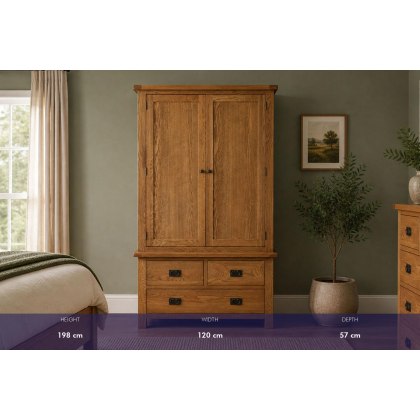 Salisbury Waxed Premium Oak Gents 3 Drawer Wardrobe