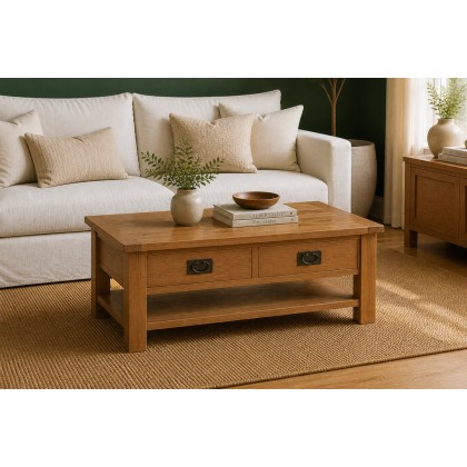 Salisbury Waxed Premium Oak Large Coffee Table With Drawer And Shelf - Self Assembly