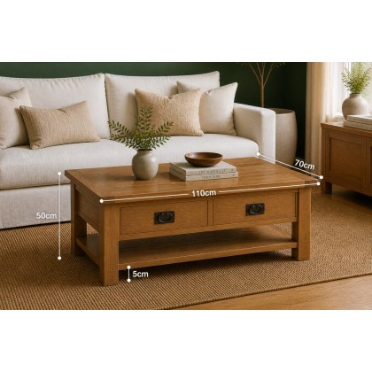 Salisbury Waxed Premium Oak Large Coffee Table With Drawer And Shelf - Self Assembly