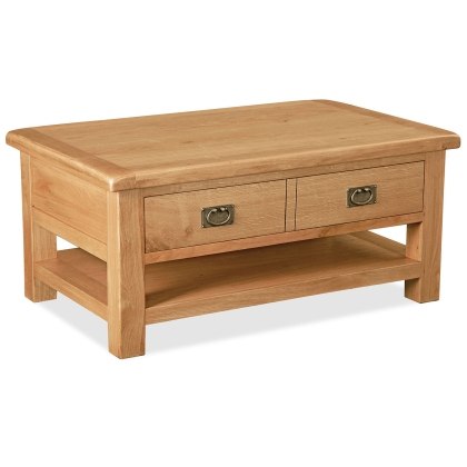 Salisbury Waxed Premium Oak Large Coffee Table With Drawer And Shelf - Self Assembly