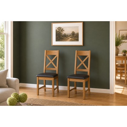 Salisbury Waxed Premium Oak Cross Back Dining Chair With Pu Seat (Pair) - Self Assembly
