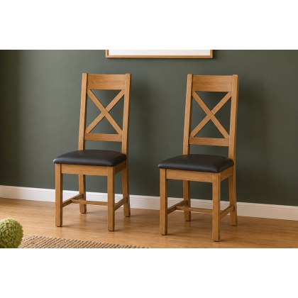Salisbury Waxed Premium Oak Cross Back Dining Chair With Pu Seat (Pair) - Self Assembly